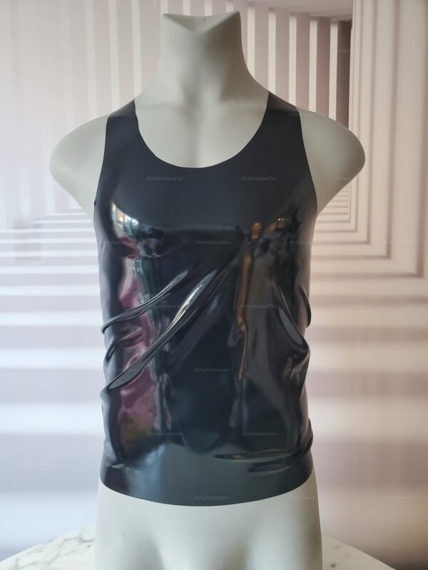 Sleek latex top in glossy red and black, designed for a body-hugging fit.