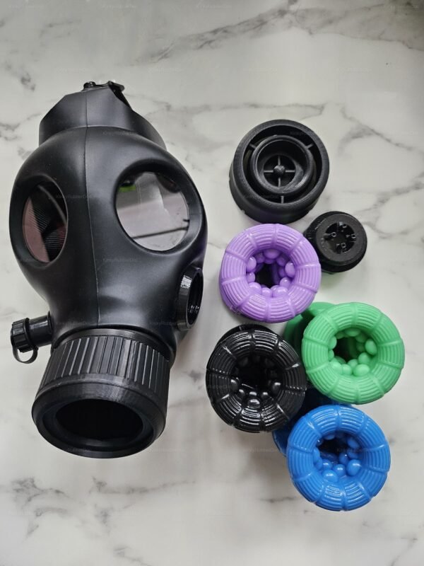 Functional gas mask with colorful silicone inserts, designed for an adventurous and edgy aesthetic.