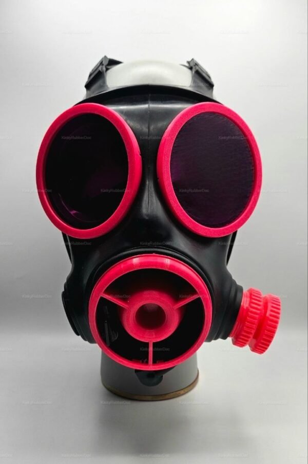 Vibrant gas mask with colorful lens and radiator upgrade in red, pink, orange, and yellow hues.