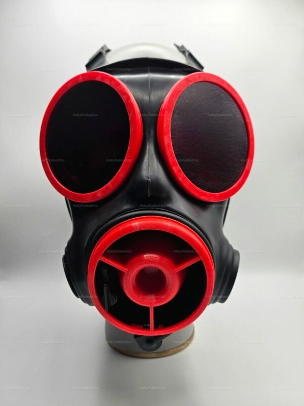 Bold black and red gas mask with a striking design, perfect for adventurous style enthusiasts.