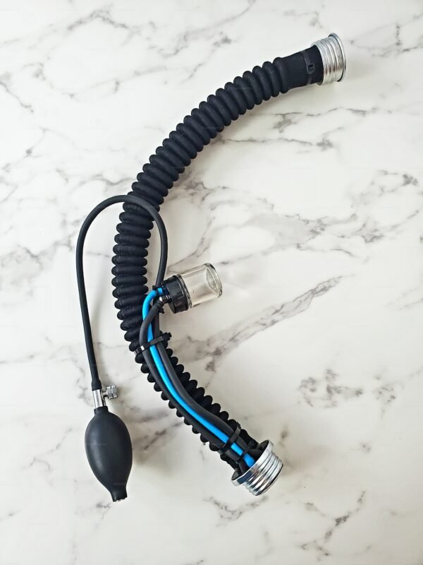 Gas mask with RD40 aroma sniffing hose featuring a black ribbed design and chrome accents for scent play.