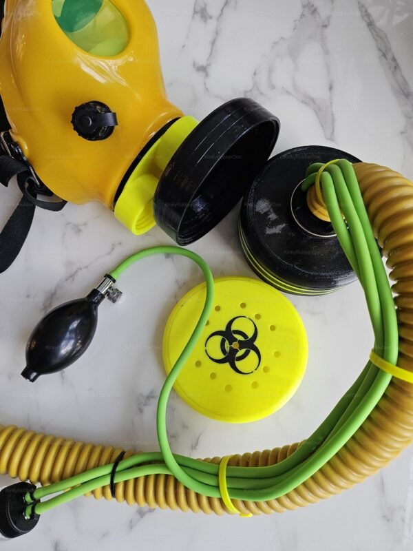 RD40 compatible gas mask with yellow and black canister, featuring vibrant green tubing and biohazard motif for fetish enthusiasts.