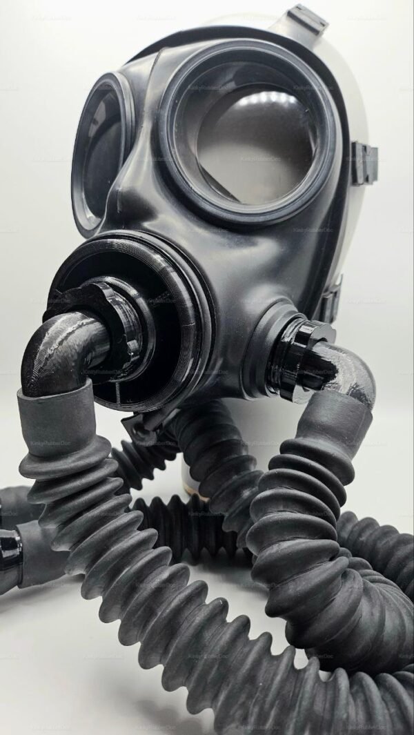 Sleek black gas mask with a front port and double hose design, ideal for fetish fashion enthusiasts.
