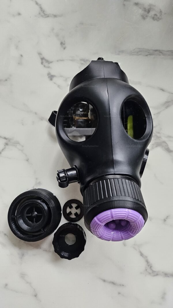 Sleek black gas mask with RD40 thread and vibrant purple insert, designed for a bold, edgy look.