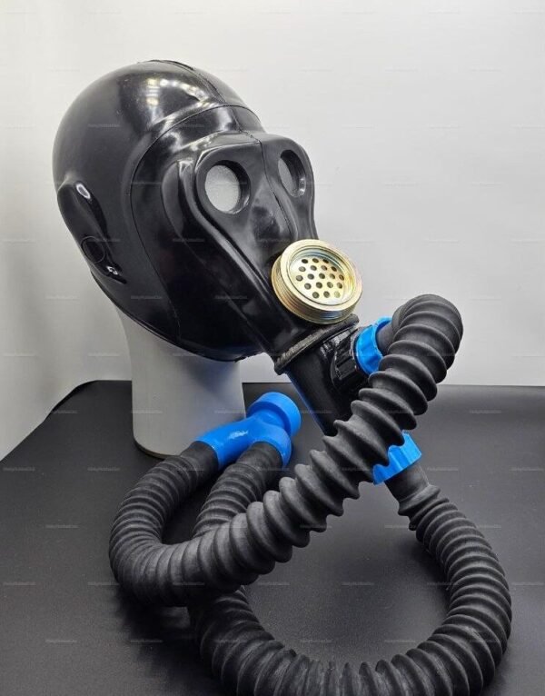 Black rubber Monkey Gas Mask with blue accents, featuring a distinctive design and flexible hoses for a bold, edgy look.