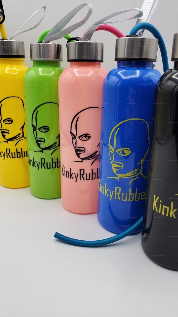 Vibrant water bottles featuring bold KinkyRubber designs with rubber mask graphics in various colors.