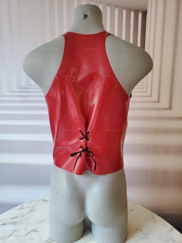 Red latex vest with lace-up back detail, designed for fetish fashion enthusiasts.