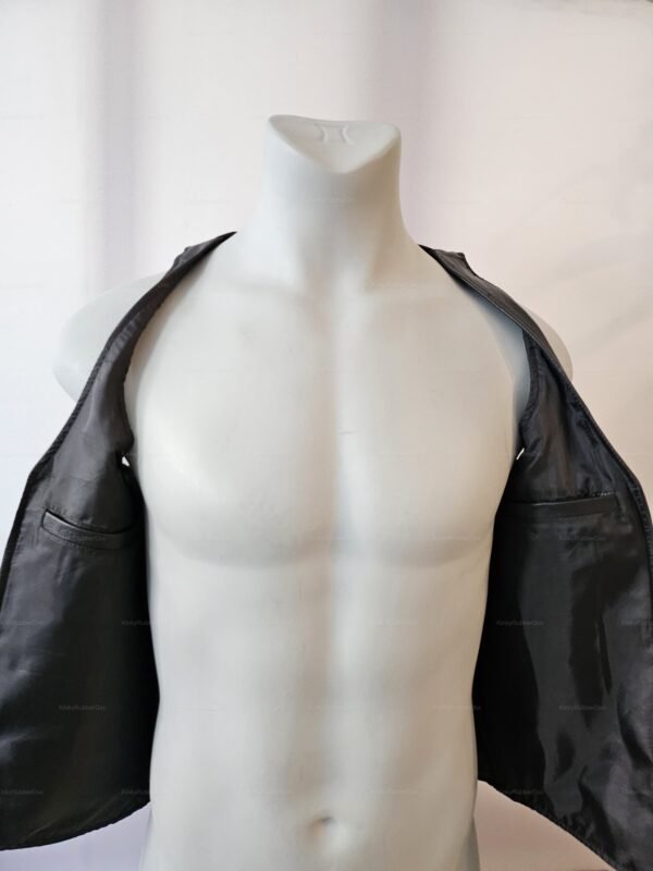 A sleek black leather vest with a shiny finish, ideal for adult fashion and fetish gear enthusiasts.
