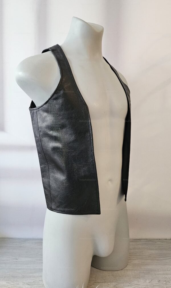 Sleek black leather vest with hidden pockets, designed for a bold and edgy look.