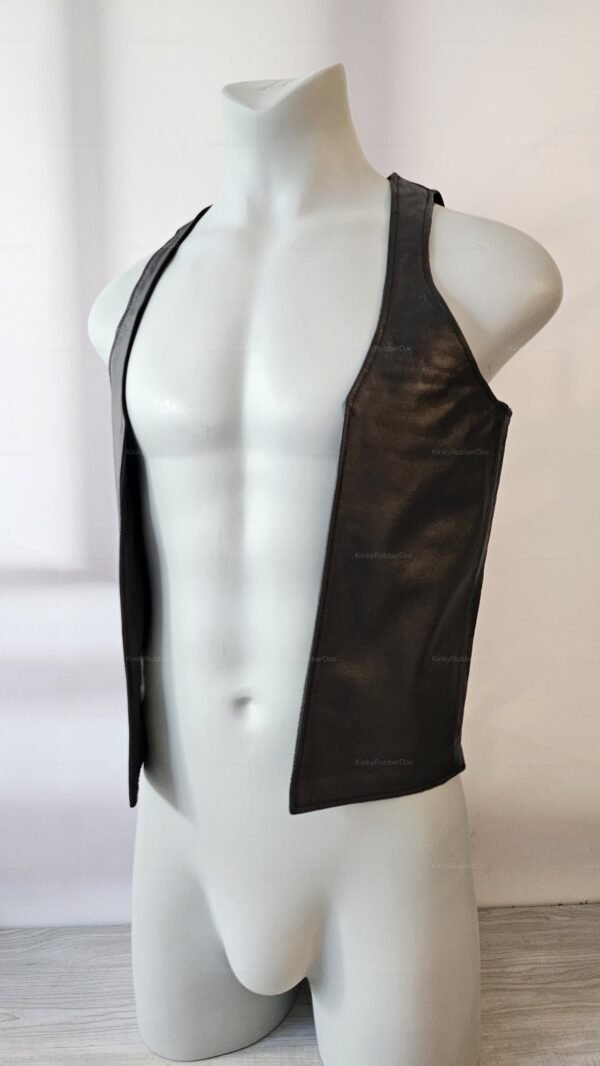 Genuine leather vest in a sleek, open-front design, ideal for a bold, confident look.