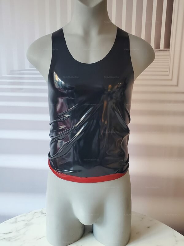 Sleek black latex top with a bold red trim designed for a daring and edgy look.