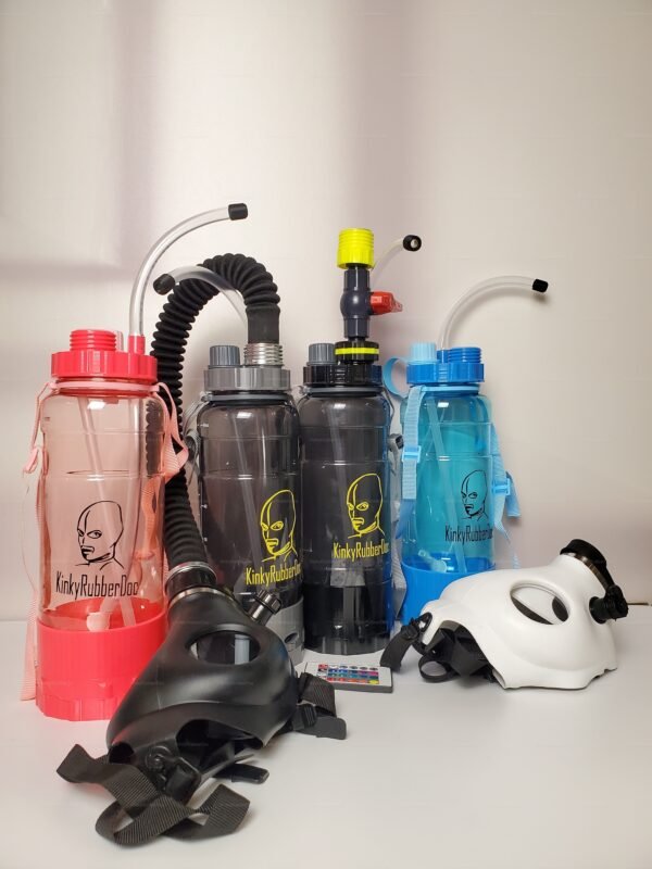 A collection of vibrant glow bottles designed for gas mask breath control play, featuring various colors and flexible tubing.