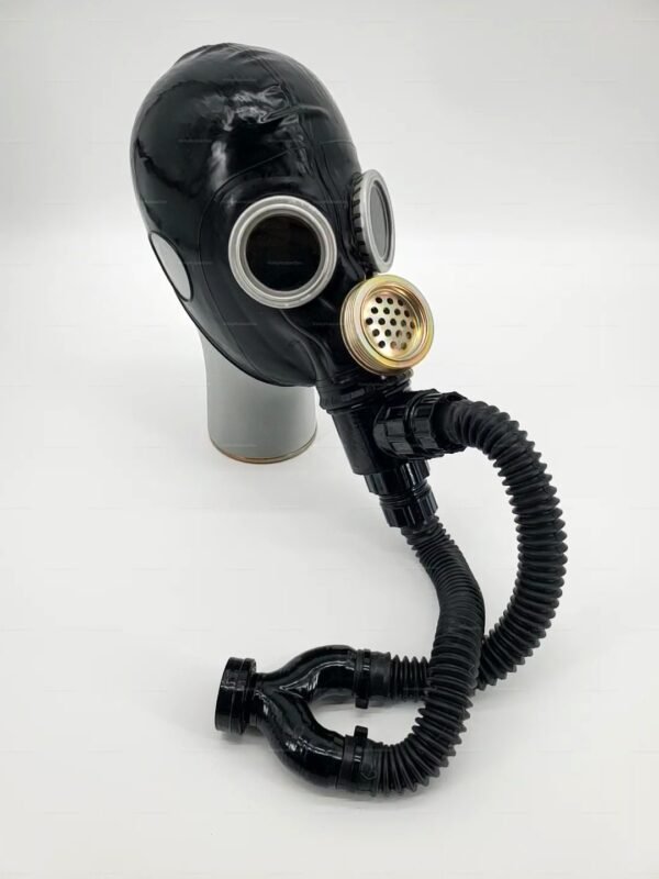 Black GP5M breath control mask with open ears and attached hoses, featuring a glossy rubber finish and metallic accents.
