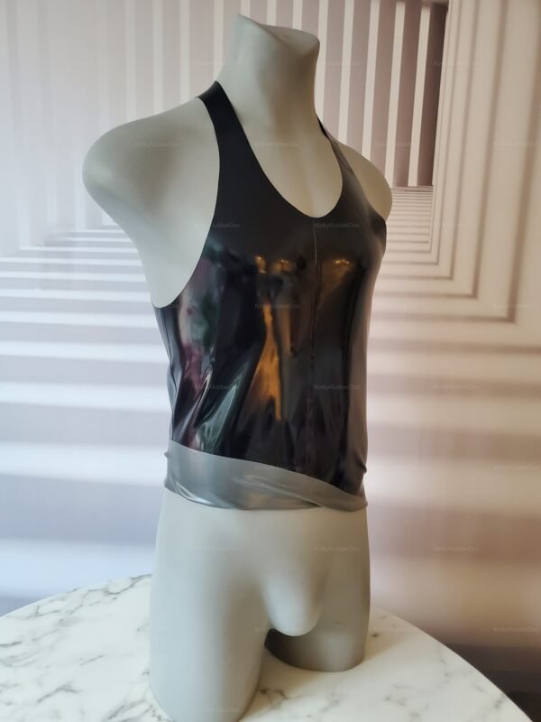 Sleek gray and black latex tank top for unisex fetish fashion.