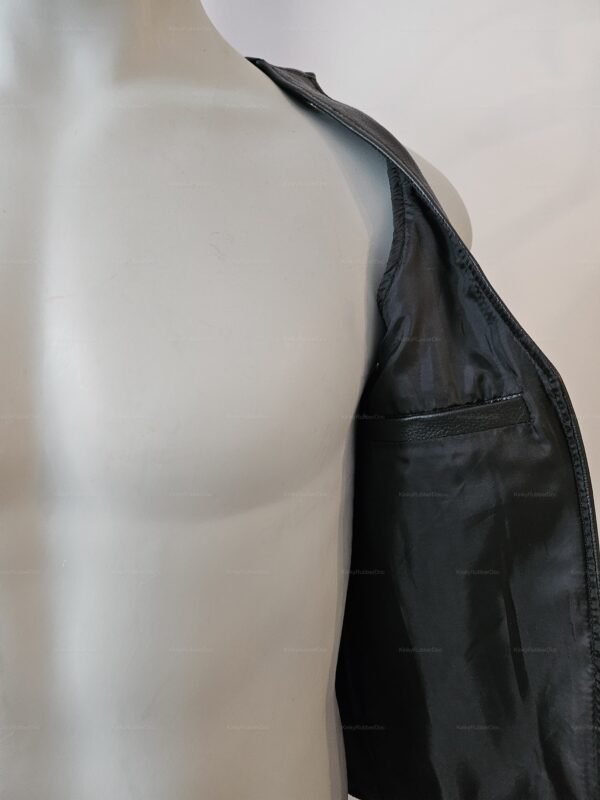 Handcrafted black leather vest with sleek interior lining, designed for the kinky community.
