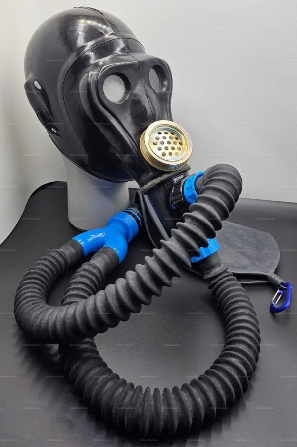 A sleek, black hardcore breathplay mask with separate input and output hoses, featuring bold blue accents for a striking look.