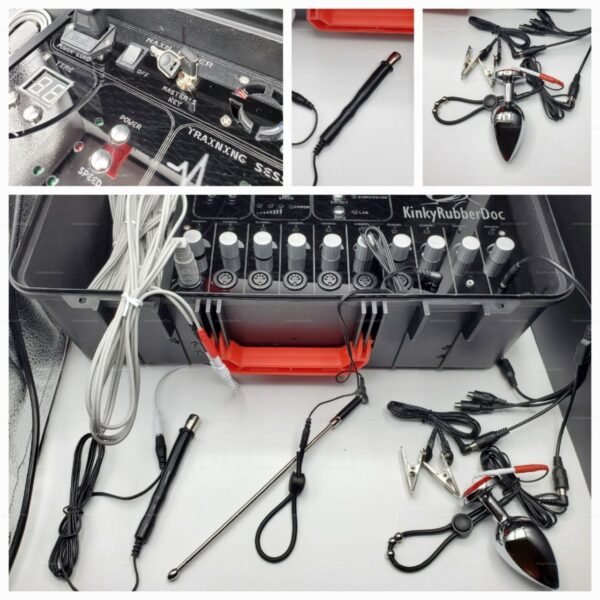 High-Intensity Electro Play Case featuring a sophisticated control panel, various cables, and stimulating attachments designed for electrifying experiences.