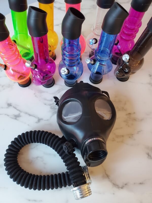 A vibrant assortment of hookah-chamber-mask-mod-colored-set pieces featuring colorful chambers and a sleek black mask with a coiled hose.
