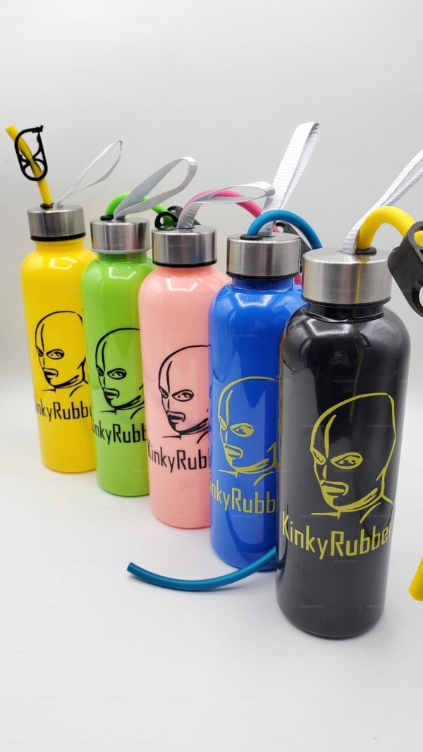 A collection of colorful bottles with the "KinkyRubber" logo and drinking tubes, designed for a gas mask drinking system.