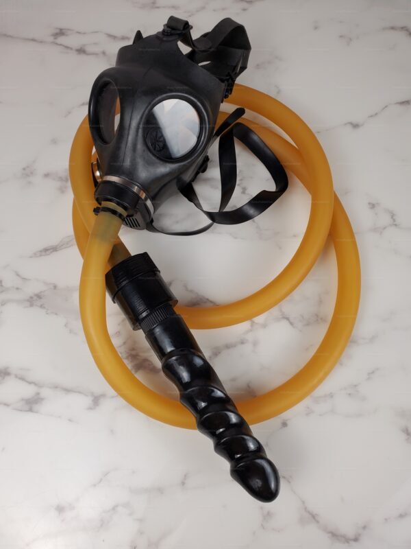 A black gas mask connected to a long yellow hose ending with a spiraled black dildo, designed for scent fetish play.