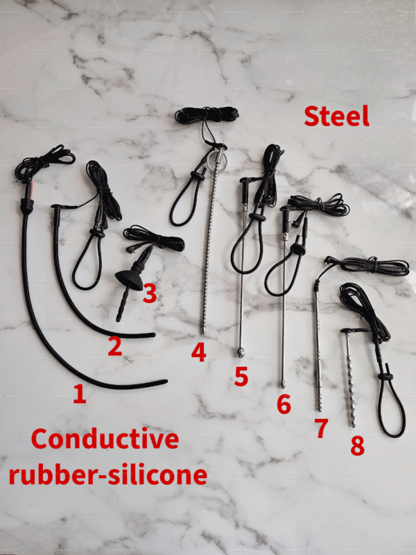 A collection of insertable urethral electrodes in various designs, made from conductive rubber-silicone and steel, suitable for electro play.