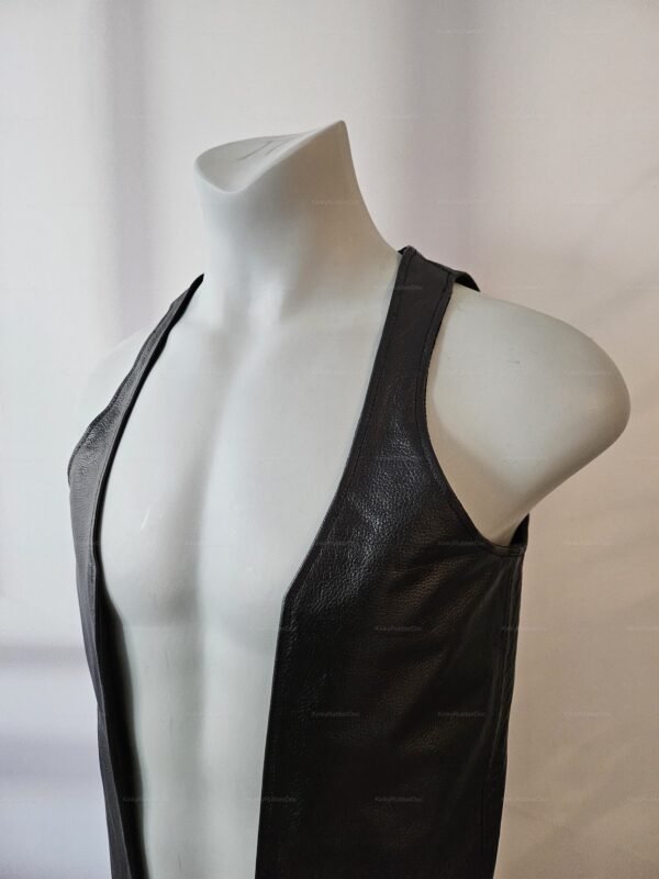Sleek black Leather Bar Vest with pockets, designed for a bold and stylish look.