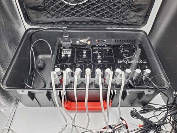 A sophisticated multichannel control device in a sleek black case with multiple dials and connectors, designed for advanced electro-stimulation experiences.