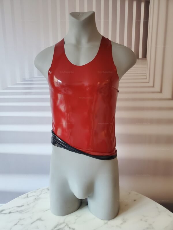 Reversible latex tank top in black and red, showcasing a sleek and glossy finish.