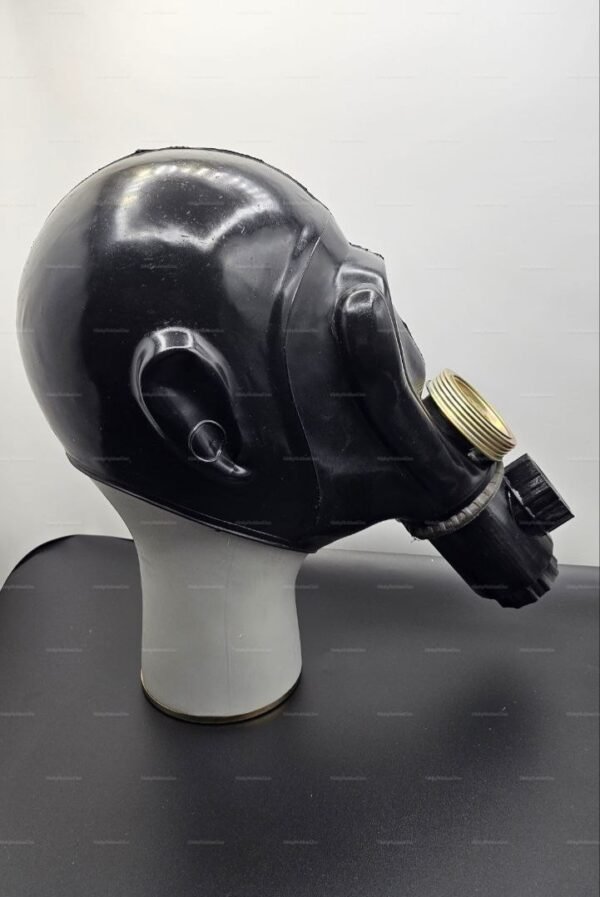 Black latex kink mask for fetish roleplay with breath control features and metallic accents.
