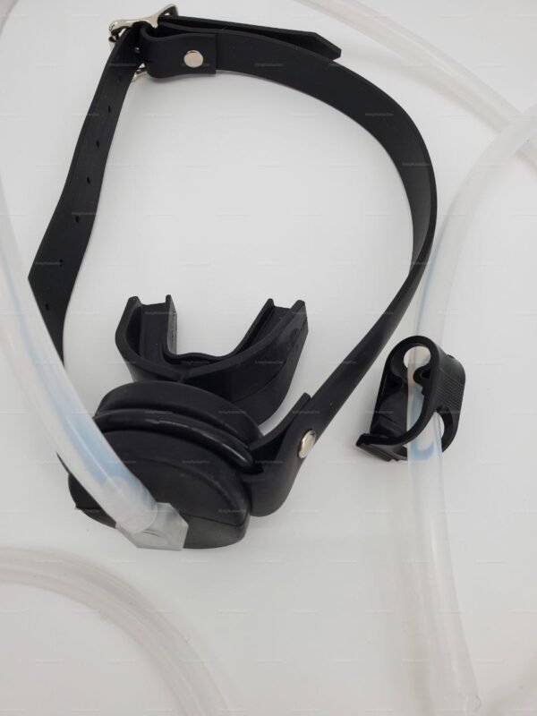 A sleek, black kink mouth gag with an attached hose and catheter, designed for an adventurous and edgy experience.