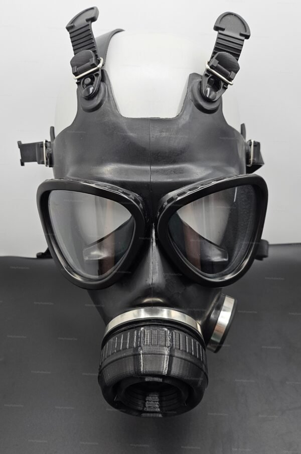 A sleek black rubber gas mask with dual lenses and adjustable straps, designed for breath control in fetish play.