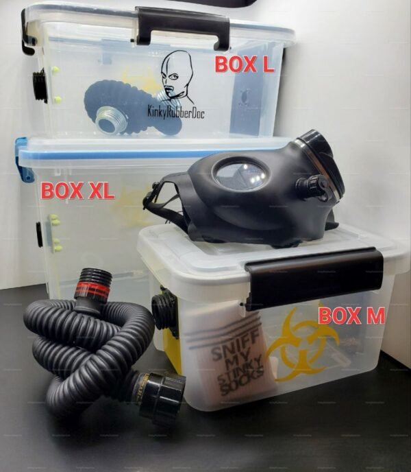A collection of kink-sniff-boxes with hoses and filters, available in medium, large, and extra-large sizes, designed for the fetish and BDSM community.