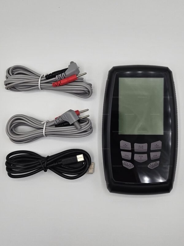A sleek black kink-TENS Device for Fetish Use with -dc-2-5mm-jack with accompanying cables, designed for personalized intensity and exploration.