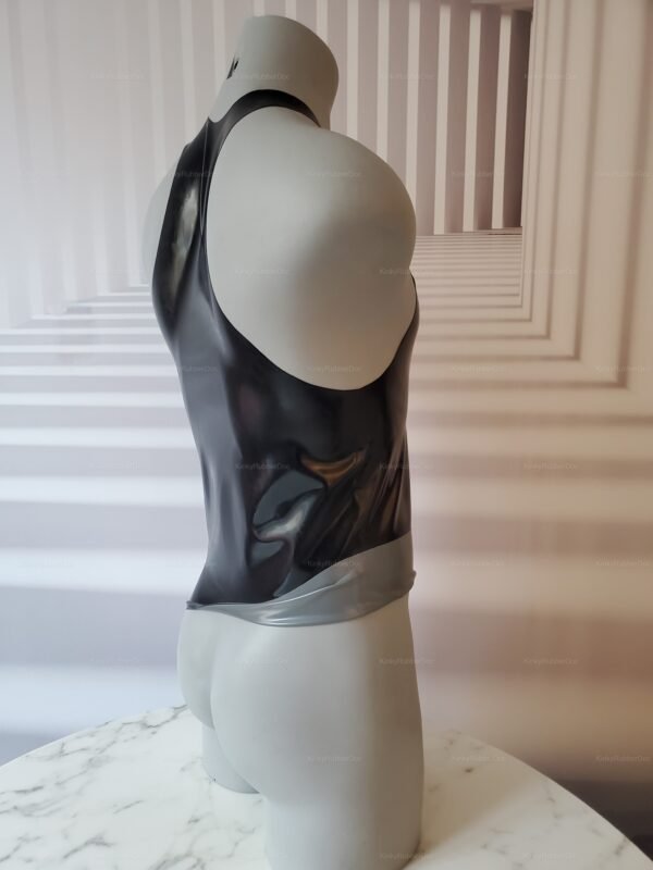 Sleek black latex tank top with a glossy finish, designed for the kink and fetish fashion community.