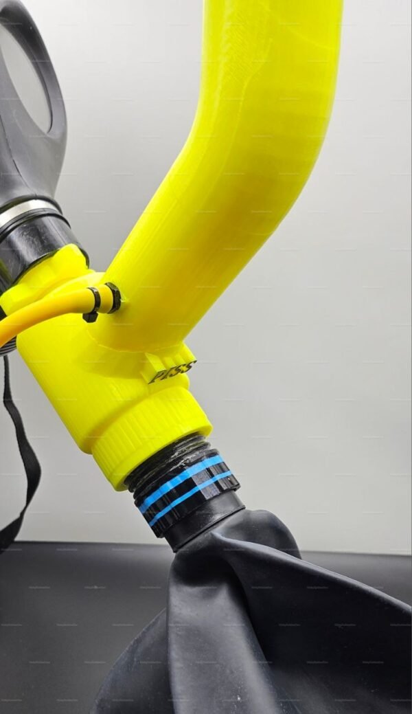 Kinky gas mask urinal funnel hose setup in bold yellow and black, designed for adventurous experiences.