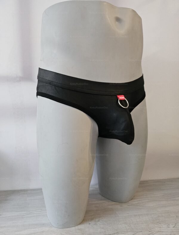 Black PU leather briefs with a front pouch and back hole, featuring a sleek design and metal ring accent by KinkyRubberDoc.