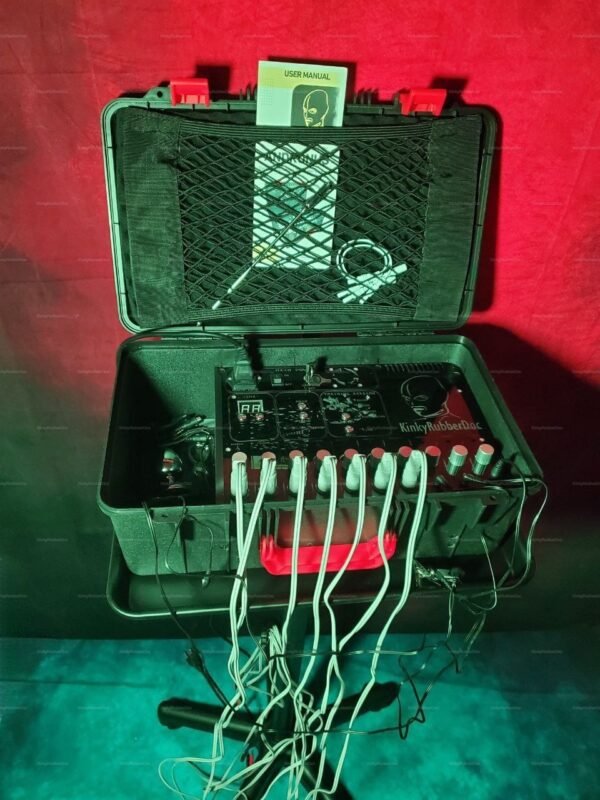 KinkyRubberDoc Electro Case Power Unit with multiple cables and a user manual, set against a vibrant background.