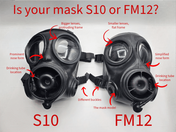 Comparative chart of kinkyrubberdoc gas masks, S10 and FM12, highlighting design differences.