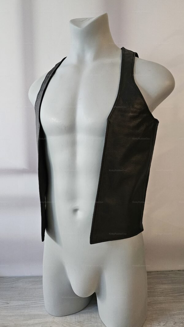 Sleek black leather vest from KinkyRubberDoc for roleplay fashion.