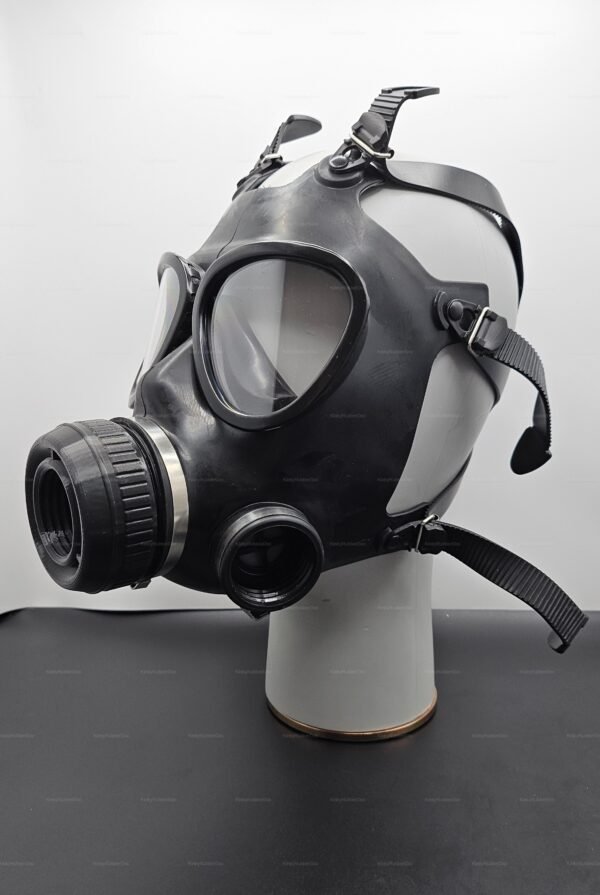 Black rubber gas mask with front thread connector, designed for fetish and kink enthusiasts, featuring adjustable straps and sleek, durable material.
