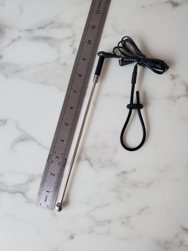 Kinkyrubberdoc electrostimulation sounding set featuring a sleek metallic rod and black cable on a marble background.