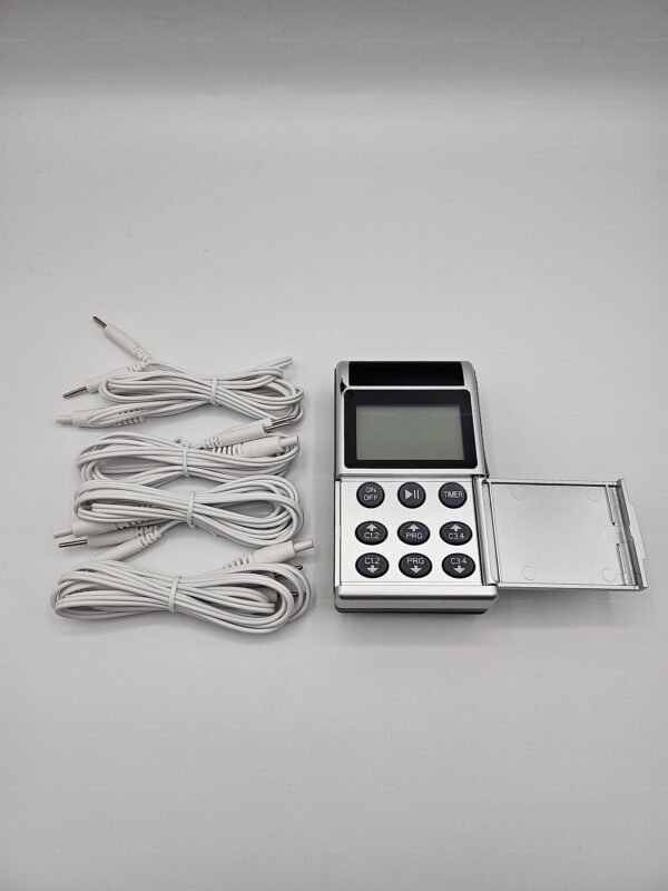 Kinkyrubberdoc Tens Unit Dual Channel with sleek design and multiple cables, perfect for enhancing sensory experiences.