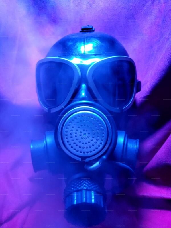 Black retro rubber mask with RD40 hose, enveloped in a mysterious purple haze.