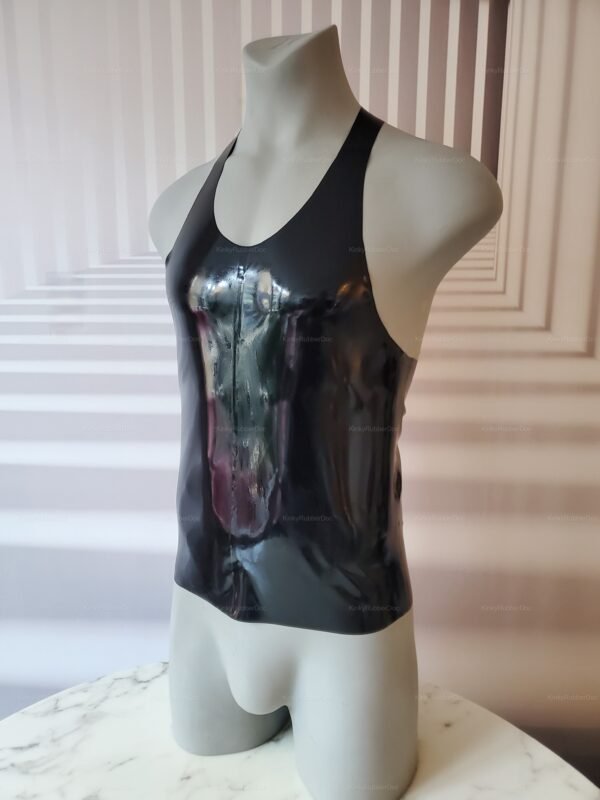 Sleek black and gray latex tank top with a sporty design.