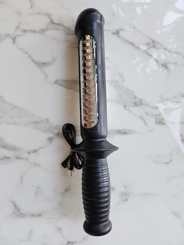 Black large Electro Sword Butt Plug with a detachable cable, featuring ribbed texture and metallic elements for enhanced sensation.