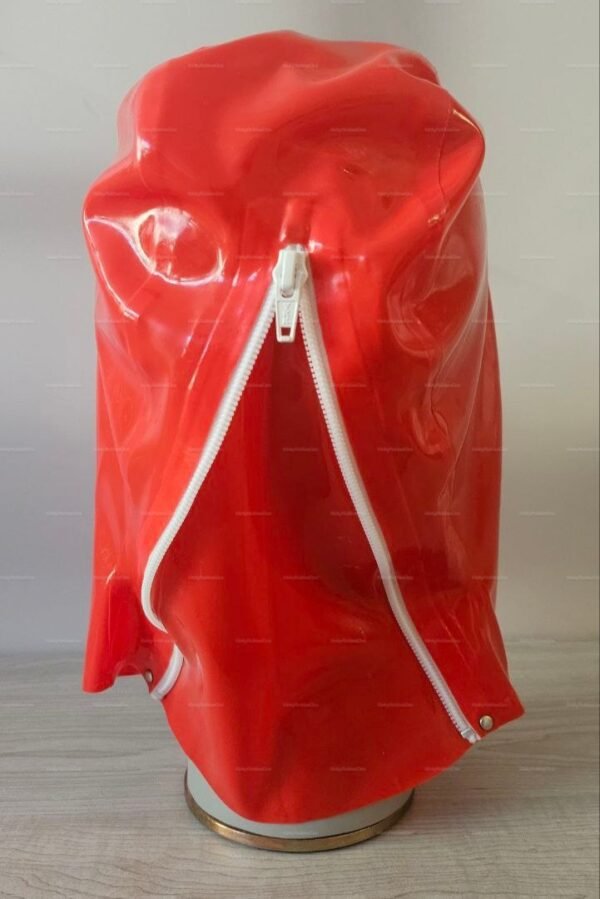 Vibrant red latex fetish mask with a white zipper and perforation design.