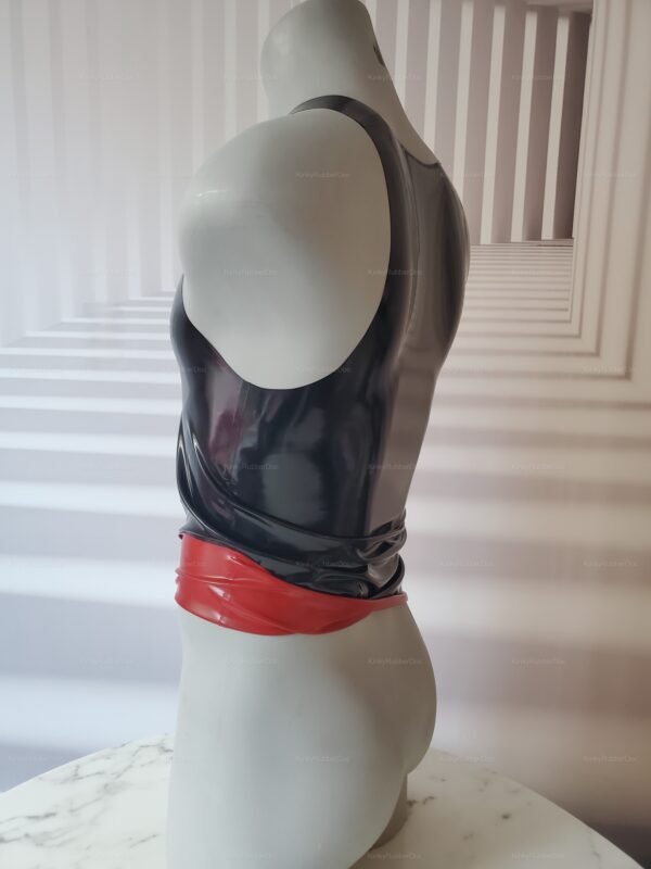 **Alt Text**: A sleek red and black latex tank top with a glossy finish, designed for fetish fashion and kink partywear.