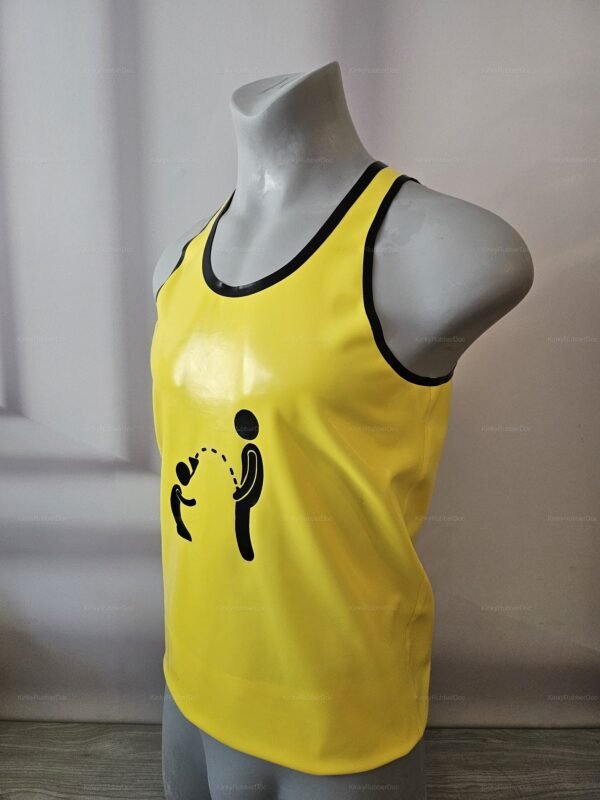 Vibrant yellow and black latex top with a playful kink-inspired design.