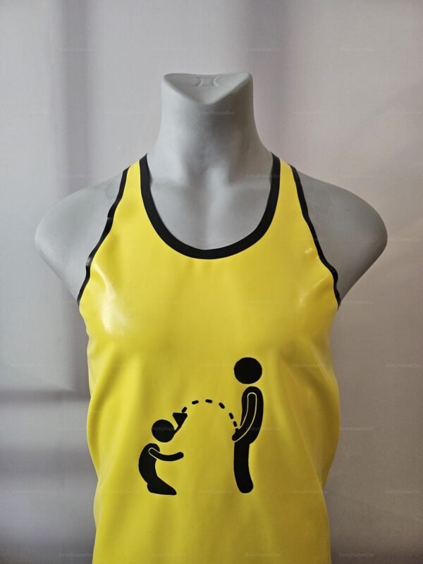 Yellow latex tank top with a playful black graphic design, embodying bold fetish fashion.