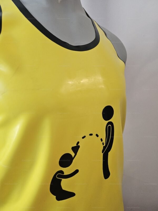 Yellow latex tank top featuring a playful, suggestive design with contrasting black trim.